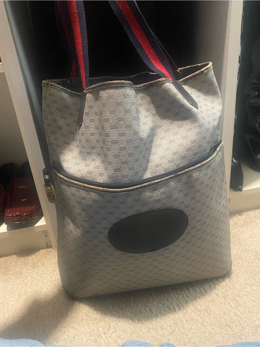 Vintage Gucci Gray Monogram Tote with Red and Blue Web Handles
